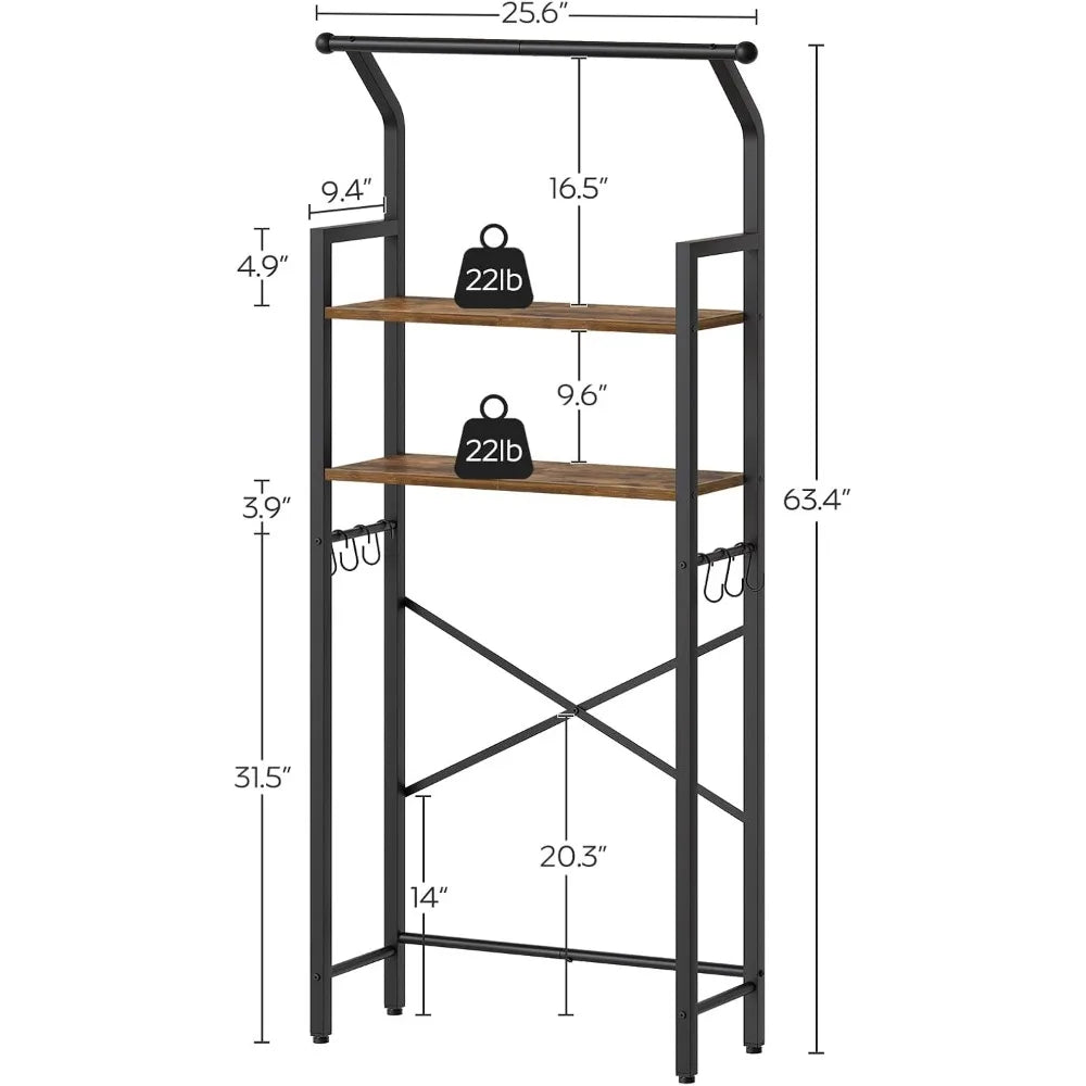 Rustic Brown and Black 2-Tier Bathroom Organizer Shelves with Hooks Over The Toilet Storage