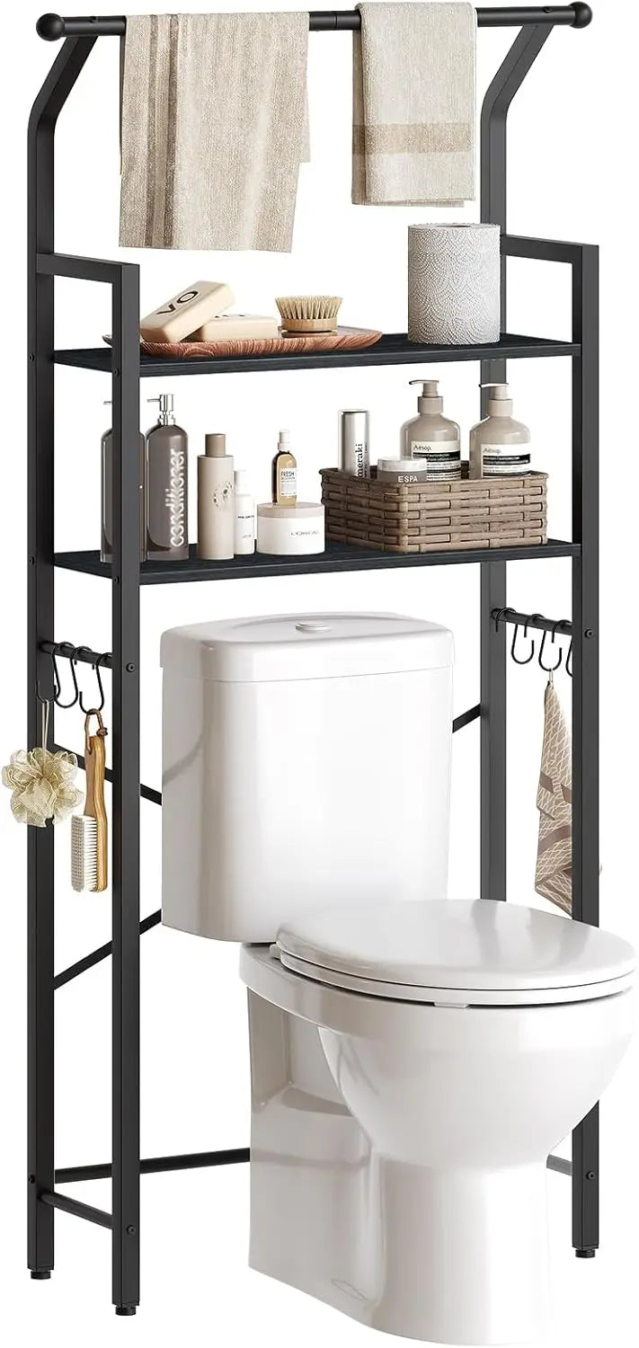 Rustic Brown and Black 2-Tier Bathroom Organizer Shelves with Hooks Over The Toilet Storage