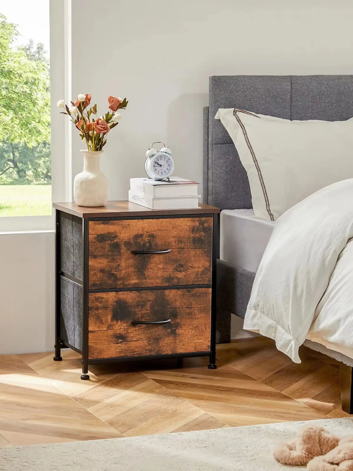 JHK Modern Minimalist Nightstand Bedside Table with 2 Fabric Drawers for Bedroom Storage and Display