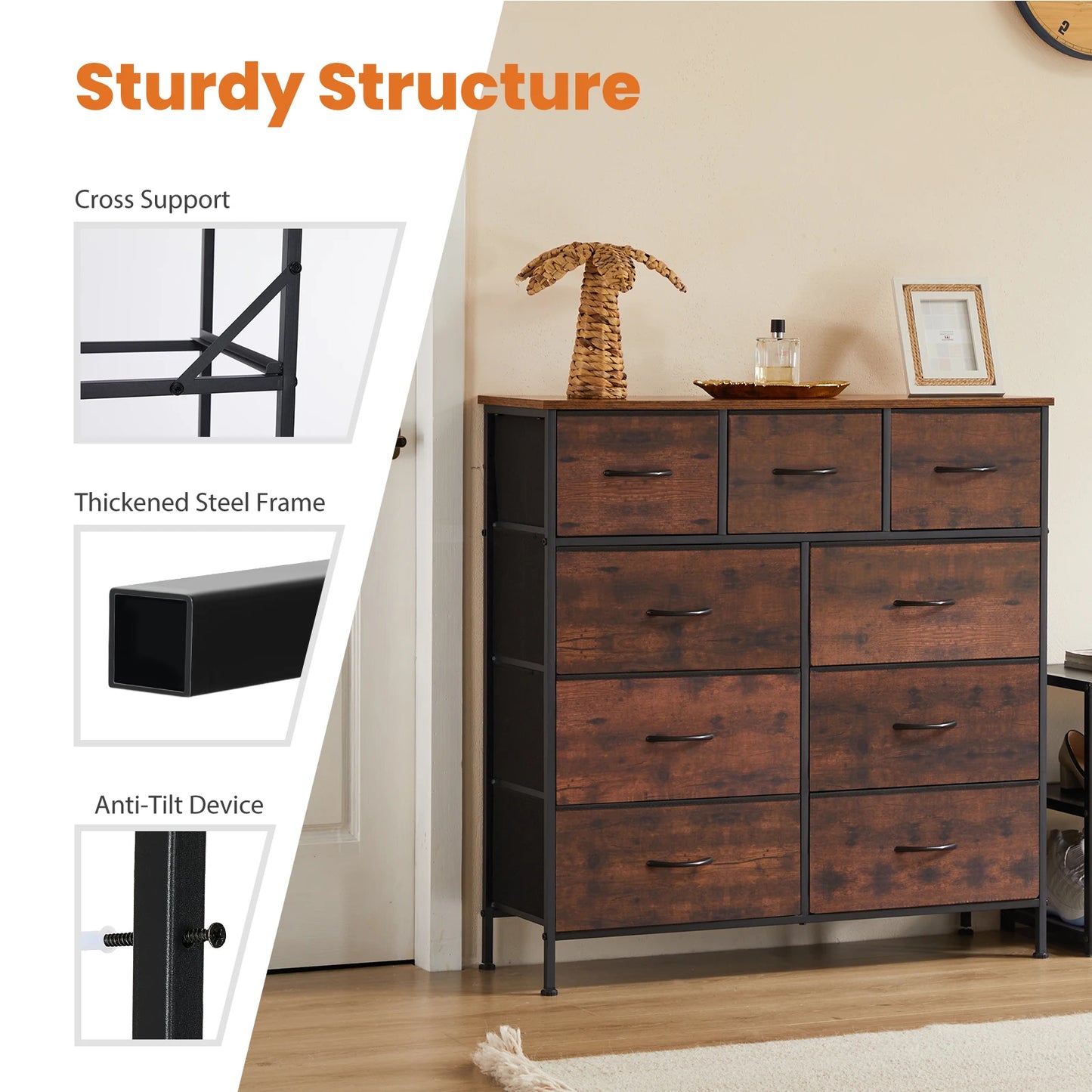 JHK Bedroom Dresser With 9 Fabric Storage Drawers Tall Chest Organizer Closet Furniture