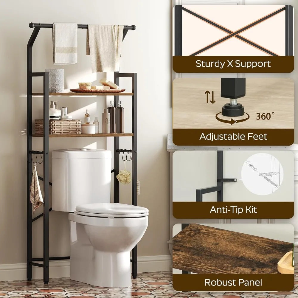 Rustic Brown and Black 2-Tier Bathroom Organizer Shelves with Hooks Over The Toilet Storage