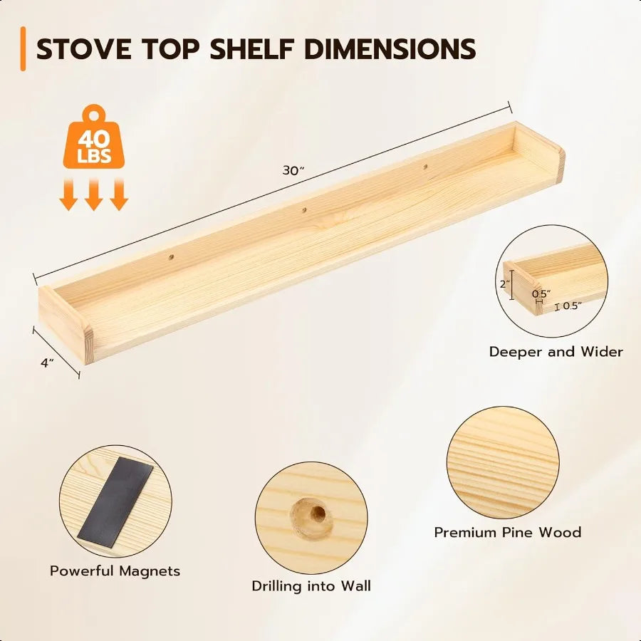 30 Inch Magnetic Stove Top Shelf for Kitchen Pine Wood Wall Mounted Storage Organizer