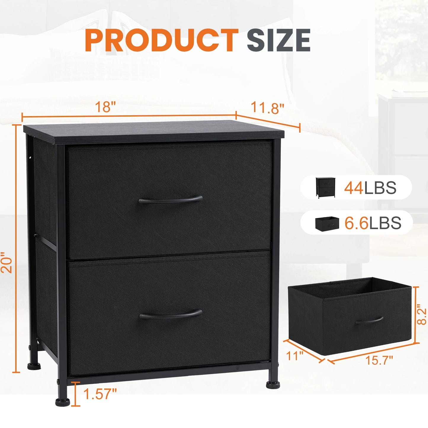 JHK Modern Minimalist Nightstand Bedside Table with 2 Fabric Drawers for Bedroom Storage and Display