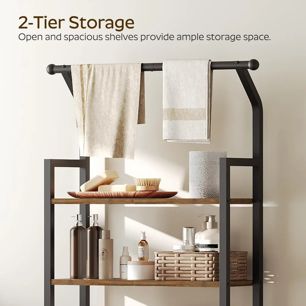 Rustic Brown and Black 2-Tier Bathroom Organizer Shelves with Hooks Over The Toilet Storage