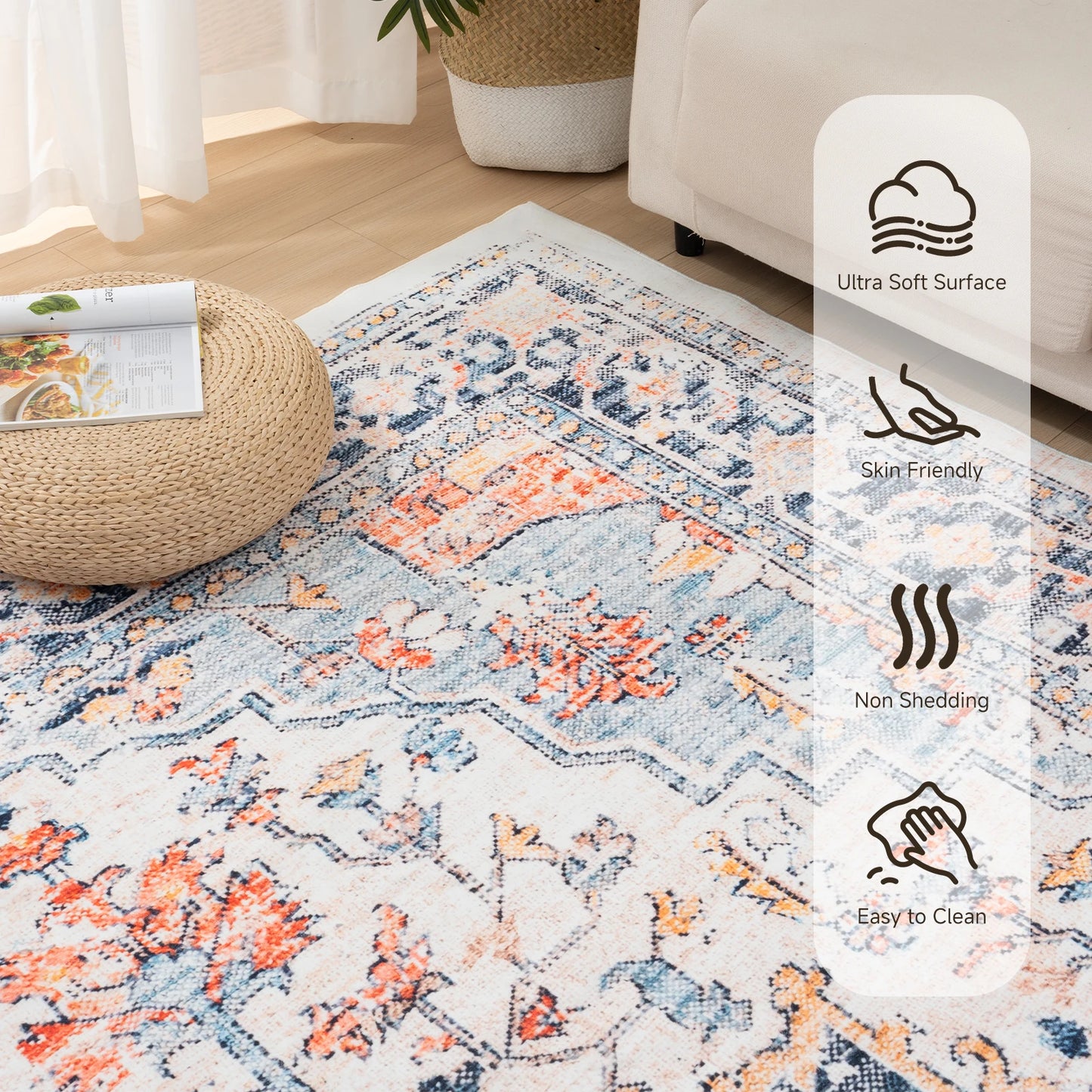 Orhopui Vintage Boho Design Washable Non Slip Area Rugs for Living Room Bedroom Traditional Woven Stain Resistant
