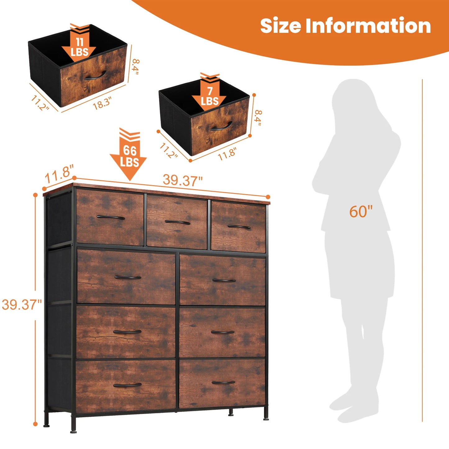 JHK Bedroom Dresser With 9 Fabric Storage Drawers Tall Chest Organizer Closet Furniture
