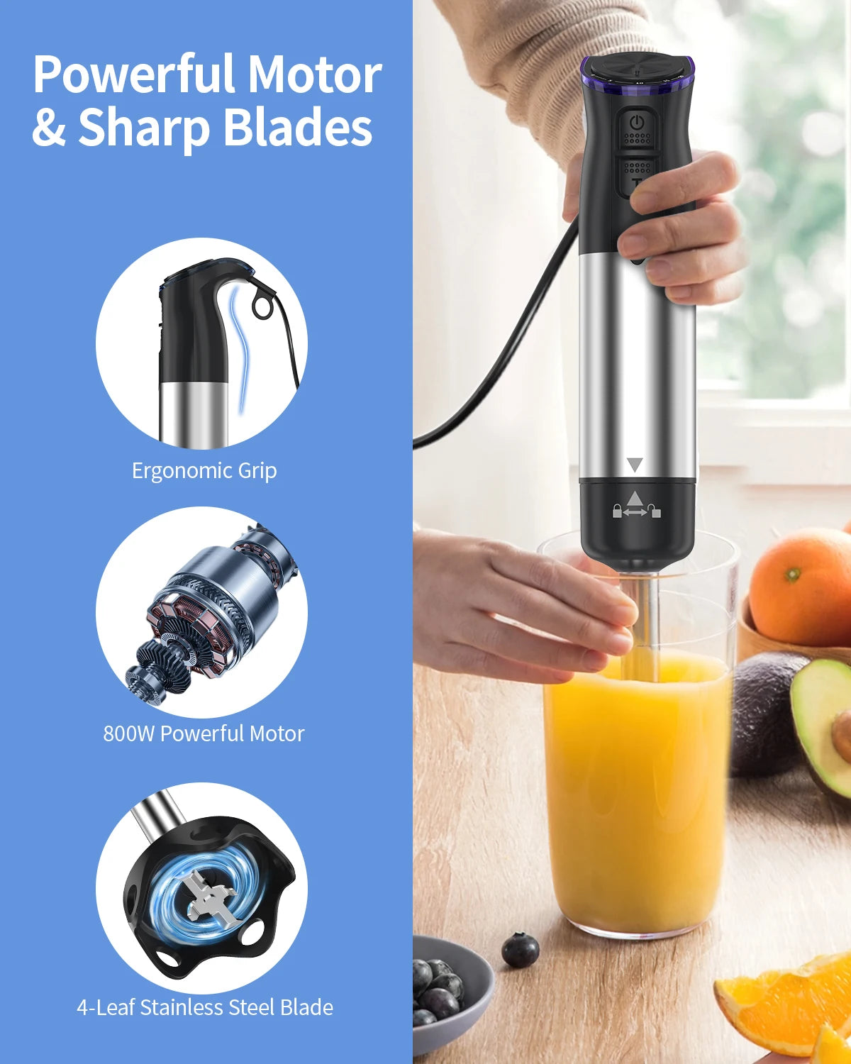 1000 Watt Handheld Electric Immersion Blender 5 in 1 Kitchen Hand Blender for Soups Smoothies Purees and Baby Food