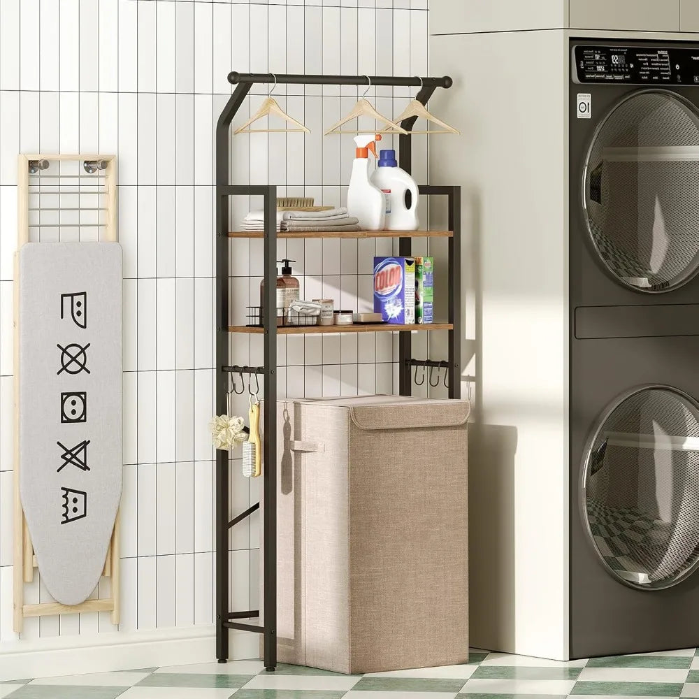 Rustic Brown and Black 2-Tier Bathroom Organizer Shelves with Hooks Over The Toilet Storage