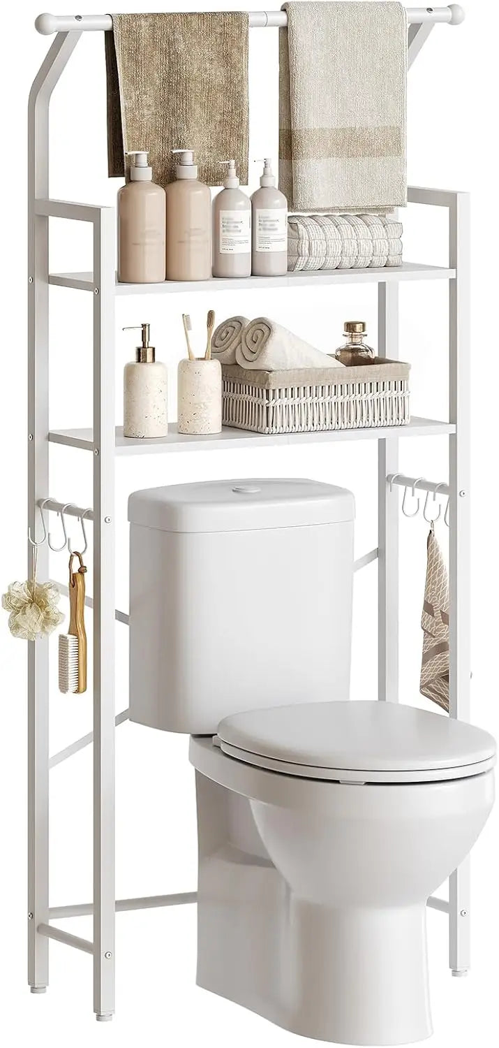 Rustic Brown and Black 2-Tier Bathroom Organizer Shelves with Hooks Over The Toilet Storage