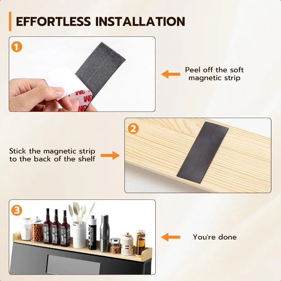 30 Inch Magnetic Stove Top Shelf for Kitchen Pine Wood Wall Mounted Storage Organizer