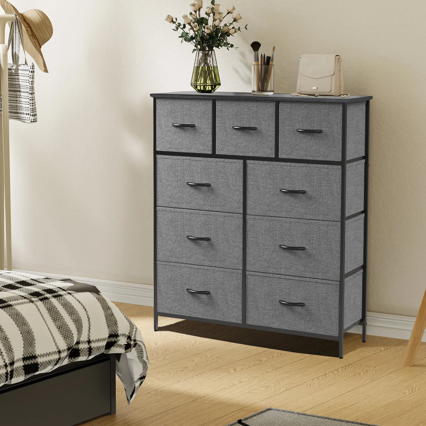 JHK Bedroom Dresser With 9 Fabric Storage Drawers Tall Chest Organizer Closet Furniture
