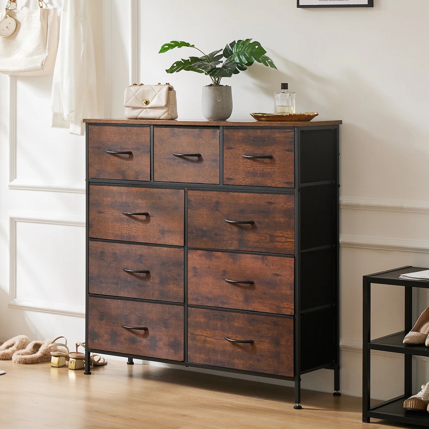 JHK Bedroom Dresser With 9 Fabric Storage Drawers Tall Chest Organizer Closet Furniture