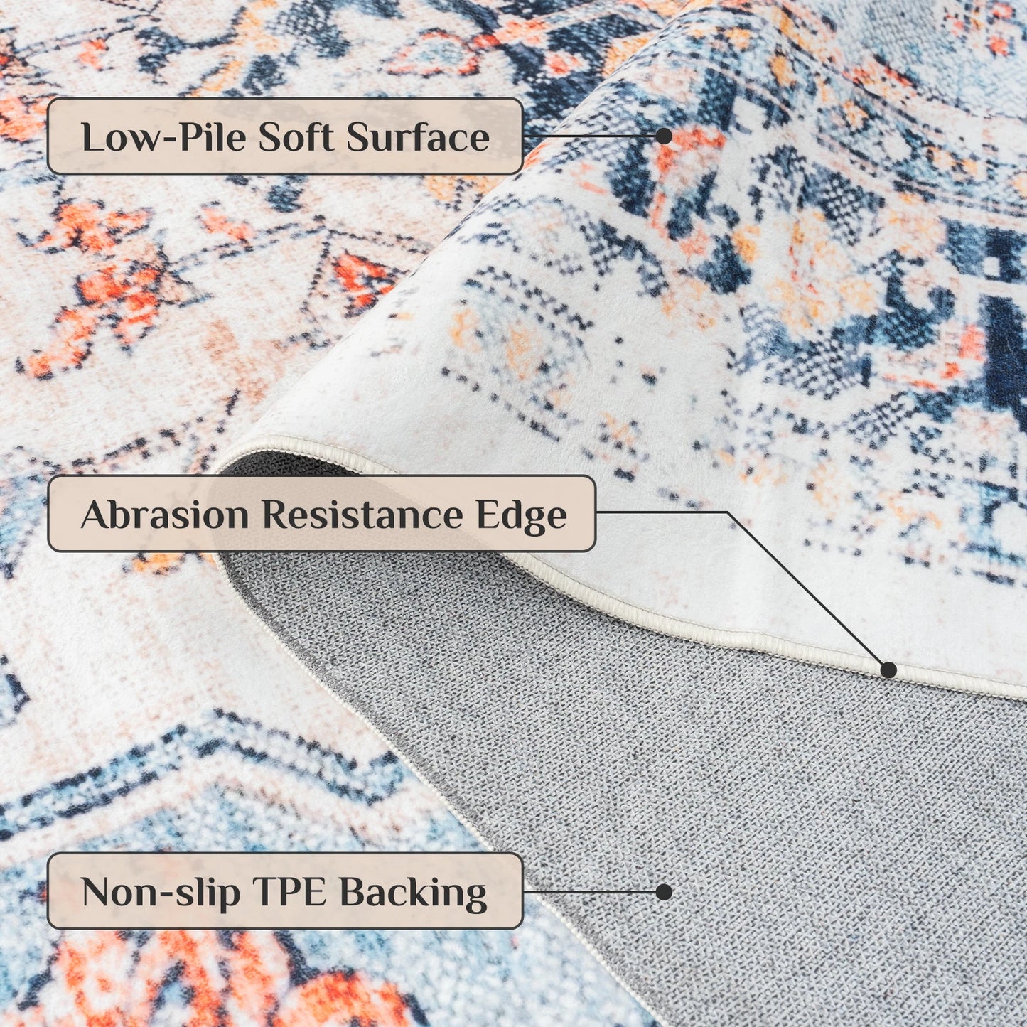 Orhopui Vintage Boho Design Washable Non Slip Area Rugs for Living Room Bedroom Traditional Woven Stain Resistant