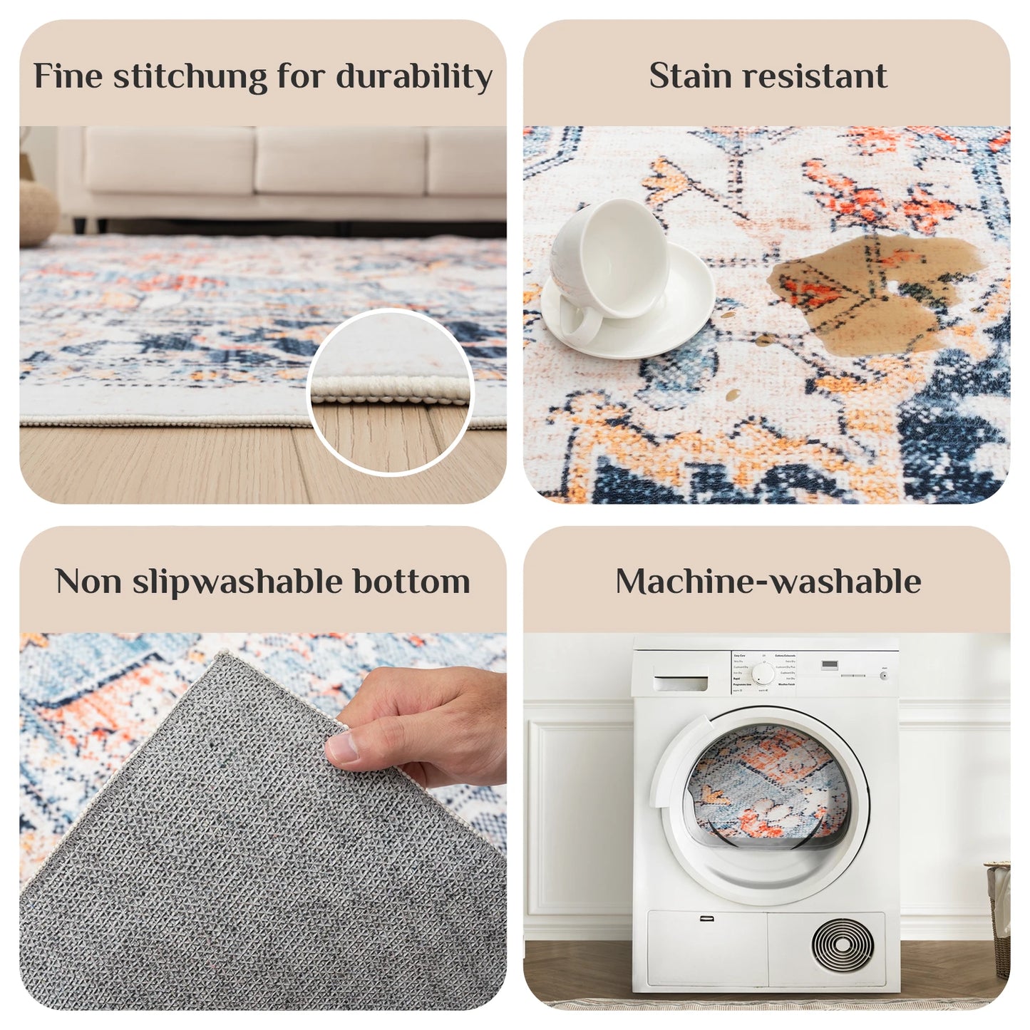 Orhopui Vintage Boho Design Washable Non Slip Area Rugs for Living Room Bedroom Traditional Woven Stain Resistant