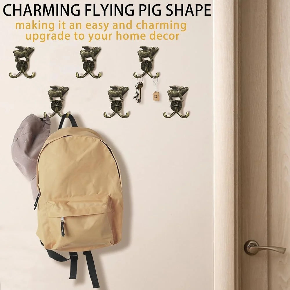 Cute Flying Pig Wall Hook Double Coat Key Hat Towel Zinc Alloy Rustic Decorative Multi Purpose Hook Home Organization