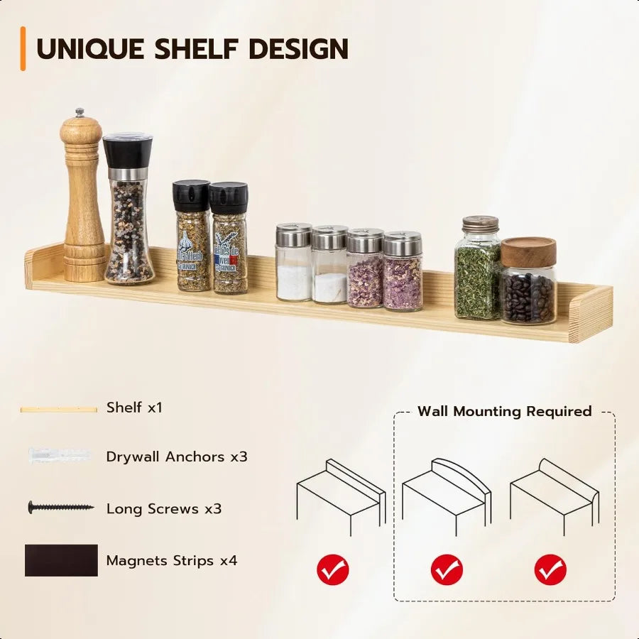 30 Inch Magnetic Stove Top Shelf for Kitchen Pine Wood Wall Mounted Storage Organizer