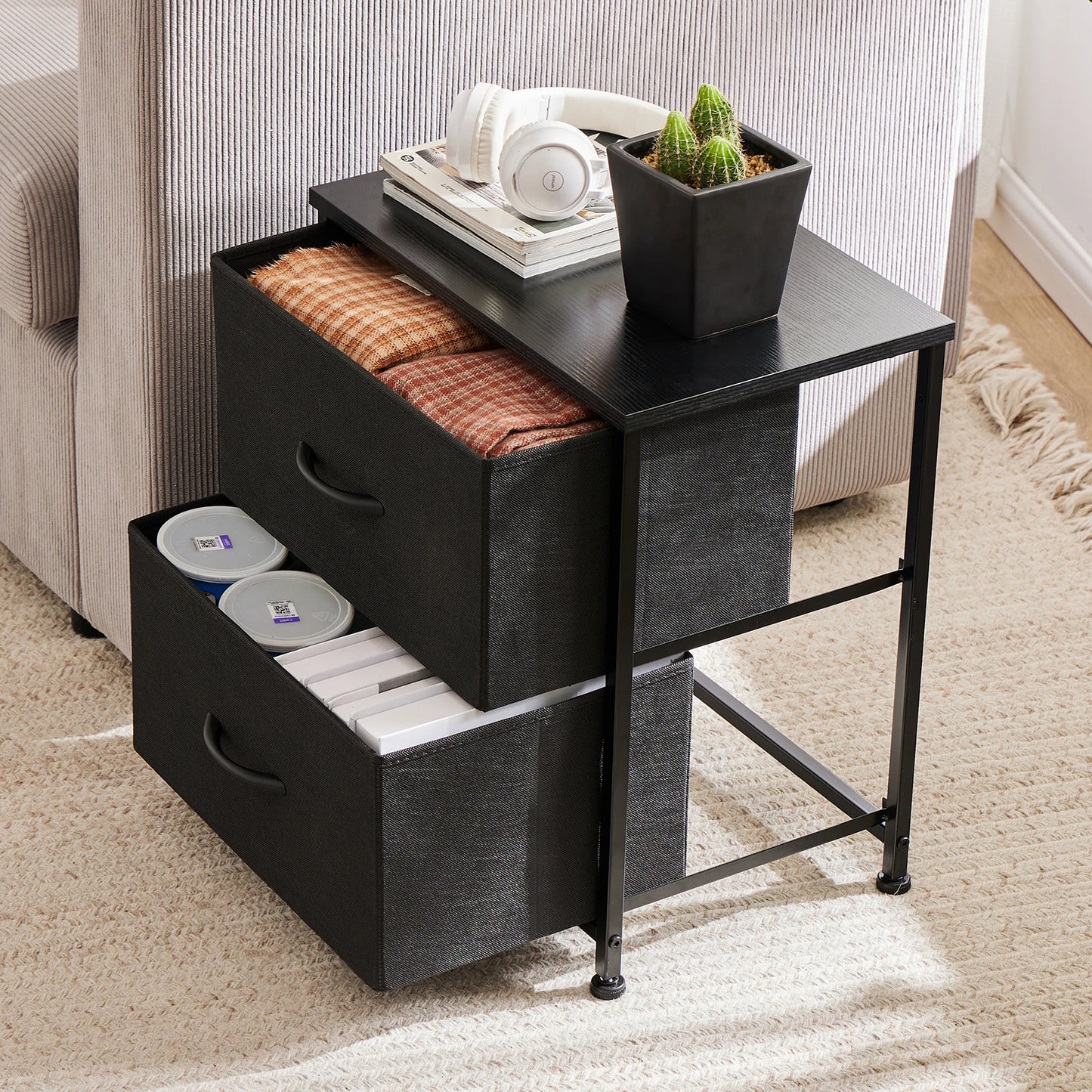 JHK Modern Minimalist Nightstand Bedside Table with 2 Fabric Drawers for Bedroom Storage and Display