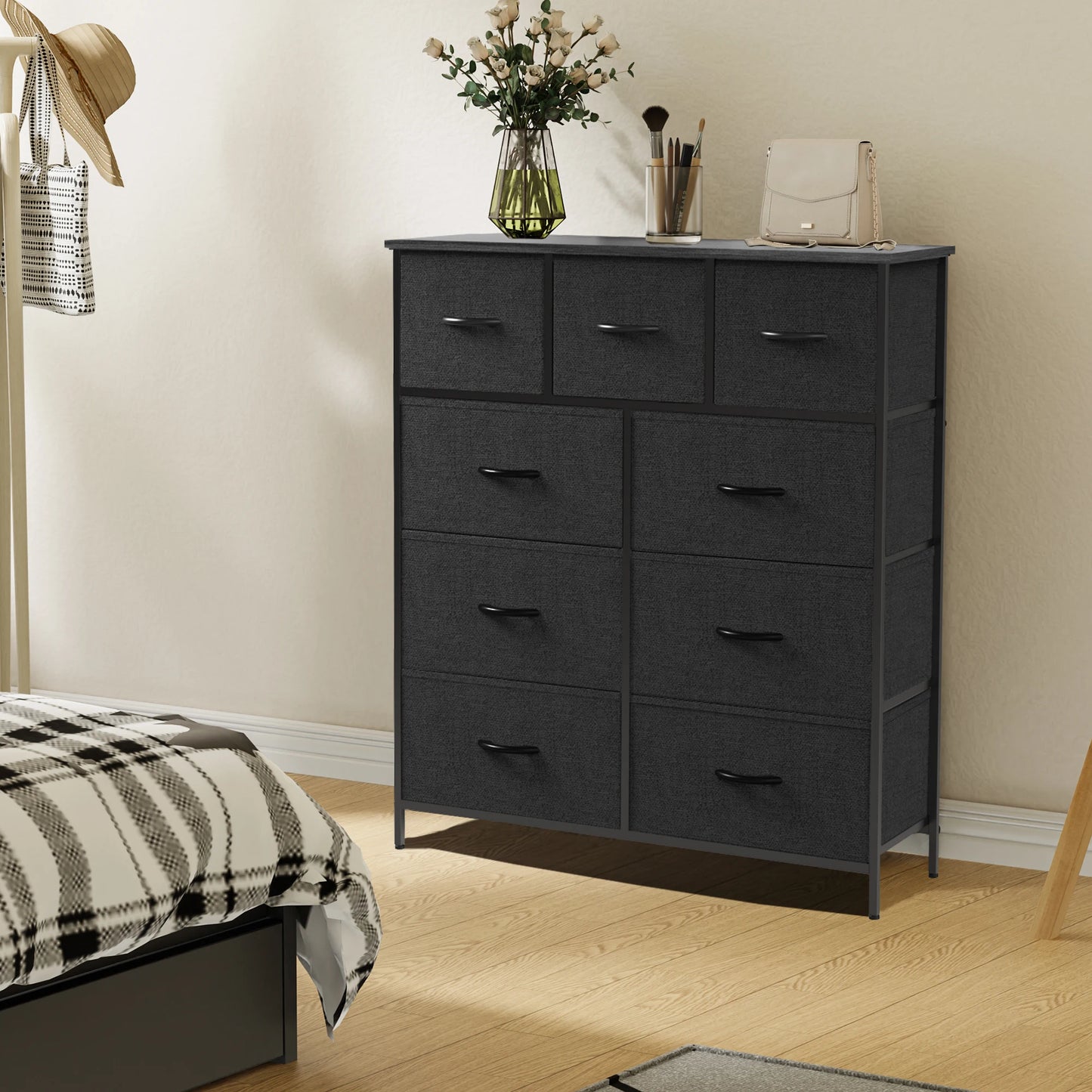 JHK Bedroom Dresser With 9 Fabric Storage Drawers Tall Chest Organizer Closet Furniture