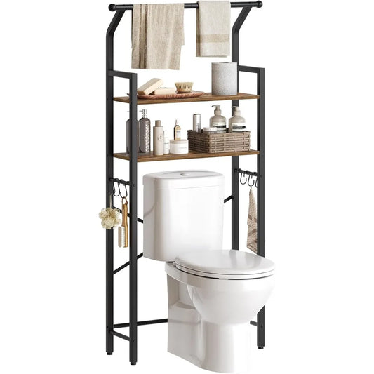 Rustic Brown and Black 2-Tier Bathroom Organizer Shelves with Hooks Over The Toilet Storage