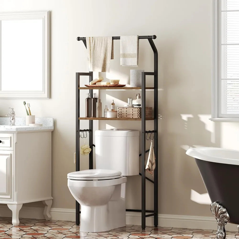 Rustic Brown and Black 2-Tier Bathroom Organizer Shelves with Hooks Over The Toilet Storage